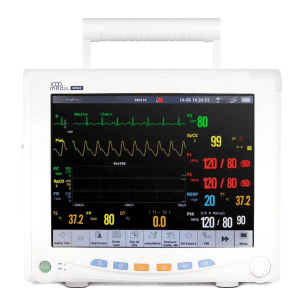Monitor Multiparâmetro N1012 com tela ativa exibindo sinais vitais